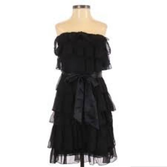 J.Crew Black Silk Strapless Tiered Ruffled Mini Dress with Bow, Size 0 EUC - Picture 5 of 7
